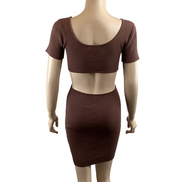 Olivaceous Sexy‎ Cut-Out Ribbed Knit Bodycon Dress Medium Mini Brown - Picture 8 of 8